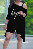 Casual Face Print  Sloping Shoulder Irregular Hollow Out T-shirt And Shorts Plus Size Two Pieces Shorts Sets