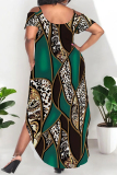 Casual Graphcis Print Backless Spaghetti Strap Cold Shoulder Short Sleeve Side Slit Irregular Hem Pocket Vacation Plus Size Maxi Dresses