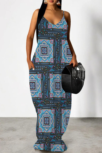 Casual Geometric Print Backless Spaghetti Strap Floor Length Vacation Baggy Sundress Slip Maxi Dress