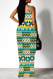 Casual Geometric Print Backless Spaghetti Strap Floor Length Vacation Baggy Sundress Slip Maxi Dress