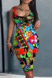 Casual Graphics Print U Neck Sleeveless Vacation Bodycon Midi Tank Dress