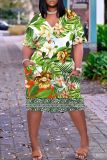 Casual Graphics Print Basic V Neck Short Sleeve Loose Pockets Midi T-Shirt Dress