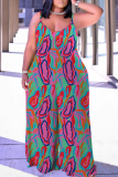 Casual Graphcis Print Backless Sleeveless Lace Up Loose Vacation Halter Wide Leg Jumpsuits(With a turban)