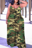 Casual Graphcis Print Backless Sleeveless Lace Up Loose Vacation Halter Wide Leg Jumpsuits(With a turban)