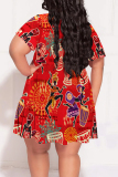 Casual Boho Graphics Print V Neck Short Sleeve Ruffle Hem Vacation Plus Size A Line Mini Dresses