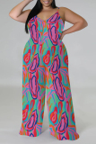 Casual Graphcis Print Backless Sleeveless Lace Up Loose Vacation Halter Wide Leg Jumpsuits(With a turban)
