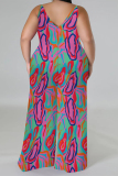 Casual Graphcis Print Backless Sleeveless Lace Up Loose Vacation Halter Wide Leg Jumpsuits(With a turban)