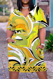 Casual Graphics Print Basic V Neck Short Sleeve Loose Pockets Midi T-Shirt Dress