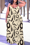 Casual Graphcis Print Backless Sleeveless Lace Up Loose Vacation Halter Wide Leg Jumpsuits(With a turban)