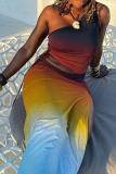 Gradient Color Sleeveless Backless Oblique Collar Crop Top and High Slit Ruched Maxi Skirt Vacation Two Pieces Dress Set