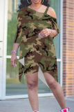 Plaid Splashed Ink Print Sloping Shoulder Long Irregular Hem Top and Shorts Vacation Plus Size Two Pieces Short Set