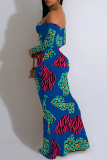 Geometric Flowers Print Off Shoulder Long Sleeve One Step Skirt Vacation Bodycon Maxi Dresses