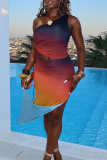 Gradient Color Sleeveless Backless Oblique Collar Crop Top and High Slit Ruched Maxi Skirt Vacation Two Pieces Dress Set