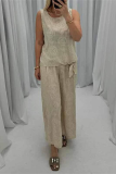 Casual O Neck Sleeveless Hollow Out Pocket Cotton Linen Tank Tops And Wide Leg Pants Vacation Two Pieces Trouser Sets