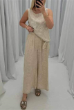 Casual O Neck Sleeveless Hollow Out Pocket Cotton Linen Tank Tops And Wide Leg Pants Vacation Two Pieces Trouser Sets