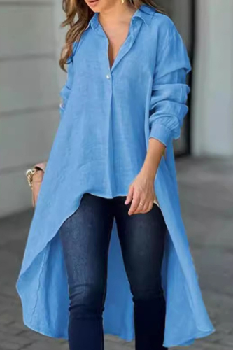 Casual Buttons Turndown Collar Long Sleeve Irregular Hem Vacation Blouse