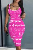Casual Graphics Barbie Print U Neck Sleeveless Vacation Bodycon Midi Tank Dress