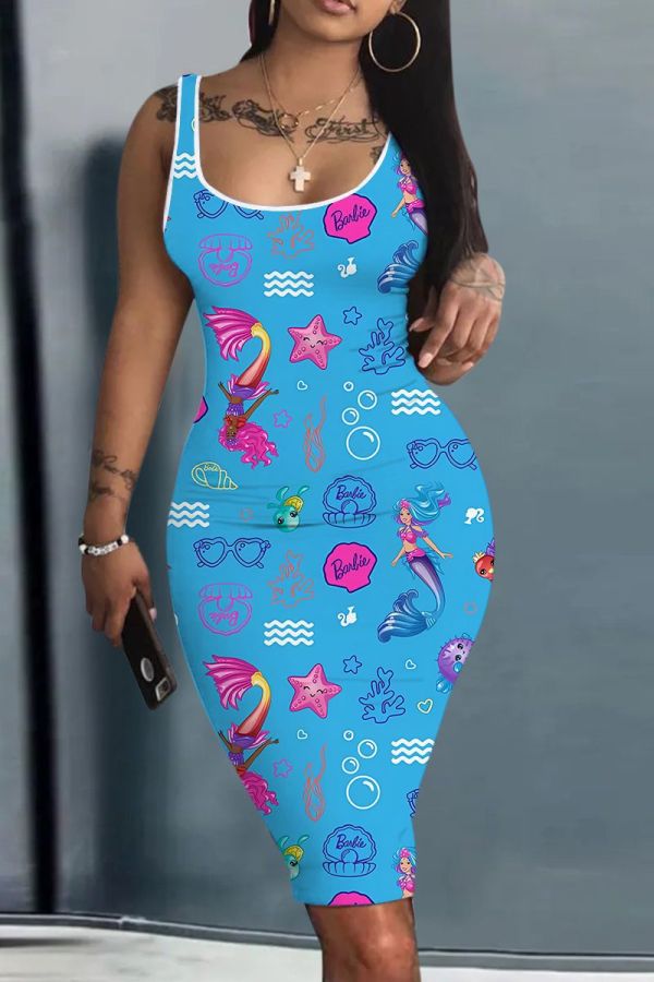 Casual Graphics Barbie Print U Neck Sleeveless Vacation Bodycon Midi Tank Dress