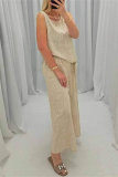 Casual O Neck Sleeveless Hollow Out Pocket Cotton Linen Tank Tops And Wide Leg Pants Vacation Two Pieces Trouser Sets