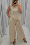 Casual O Neck Sleeveless Hollow Out Pocket Cotton Linen Tank Tops And Wide Leg Pants Vacation Two Pieces Trouser Sets