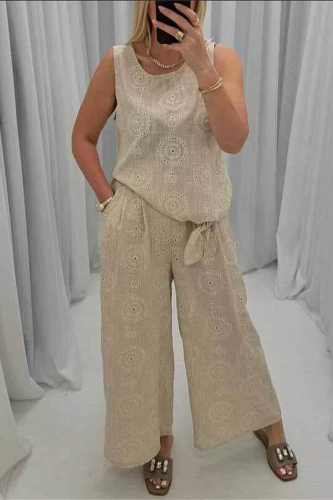 Casual O Neck Sleeveless Hollow Out Pocket Cotton Linen Tank Tops And Wide Leg Pants Vacation Two Pieces Trouser Sets