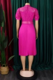 Formal O Neck Short Sleeve Hollow Out Lace With Belt Evening Party Office Lady Wedding Guest Plus Size Pleated Midi Dresses
