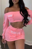 Letters Print Off Shoulder Long Sleeve Draw String Pocket Crop Tops And Mini Skirt Two Pieces Dress Sets