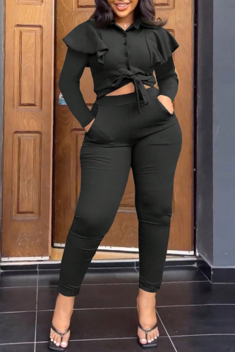 Formal Turndown Collar Long Sleeve Buttons Belted Front Tie Blouse And Skinny Pants Office Lady Two Pieces Trouser Sets