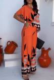 Casual Floral Print Sloping Shoulder Flounce Sleeve Irregular Hem Vacation Wide Leg Jumpsuits