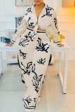 Casual Graphics Print Turndown Collar Long Sleeve Buttons Front Tie Blouse And Wide Leg Pants Vacation Two Pieces Trouser Sets