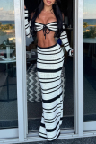 Weave Stripe Print Backless Long Sleeve Lace Up Knitted Halter Crop Tops And Maxi Skirt Vacation Two Pieces Dress Sets