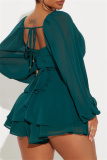 Casual Backless Belted V Neck Long Sleeve Cinch Waist Ruffle Hem A Line Mini Dresses