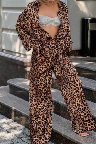 Casual Leopard Print Turndown Collar Long Sleeve Buttons Blouse And Wide Leg Pants Vacation Two Pieces Trouser Sets