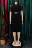 Formal O Neck Short Sleeve Hollow Out Lace With Belt Evening Party Office Lady Wedding Guest Plus Size Pleated Midi Dresses