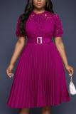 Formal O Neck Short Sleeve Hollow Out Lace With Belt Evening Party Office Lady Wedding Guest Plus Size Pleated Midi Dresses