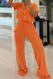 Casual Turndown Collar Short Sleeve Buttons Crop Blouse And Wide Leg Pants Vacation Two Pieces Trouser Sets