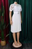 Formal O Neck Short Sleeve Hollow Out Lace With Belt Evening Party Office Lady Wedding Guest Plus Size Pleated Midi Dresses