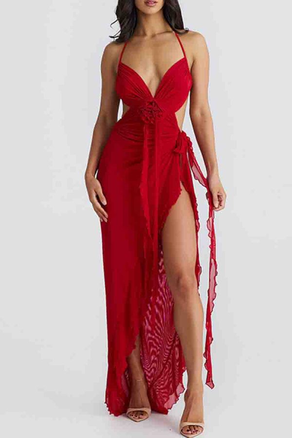 Floral Print Sleeveless Backless High Slit Ruched Strap Design Ruffle Trim Irregular Hem Formal Evening Party Wedding Halter Maxi Slip Dresses