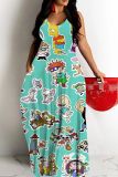 Sexy Cartoons Print Backless Spaghetti Strap Floor Length Vacation Baggy Sundress Slip Maxi Dress