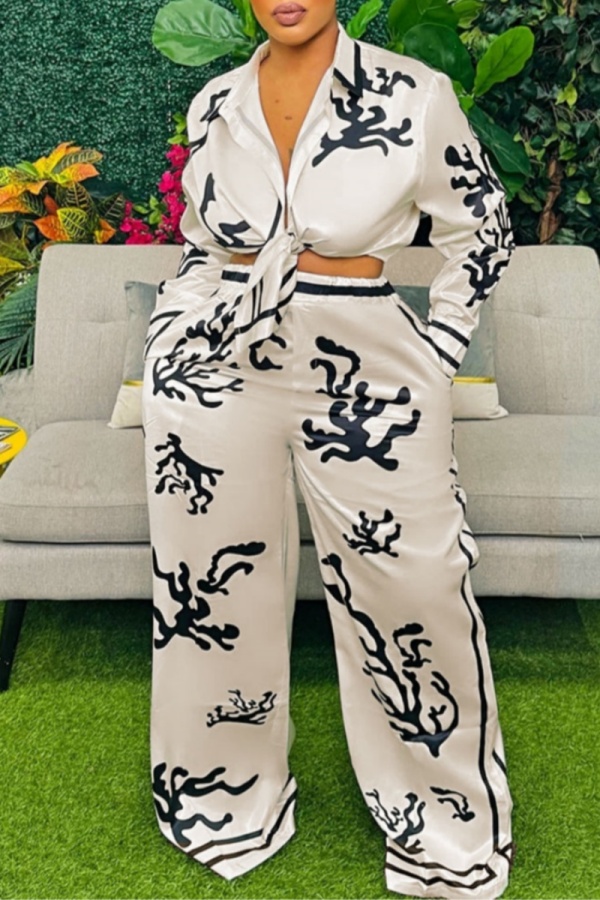 Casual Graphics Print Turndown Collar Long Sleeve Buttons Front Tie Blouse And Wide Leg Pants Vacation Two Pieces Trouser Sets