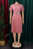Formal O Neck Short Sleeve Hollow Out Lace With Belt Evening Party Office Lady Wedding Guest Plus Size Pleated Midi Dresses