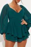 Casual Backless Belted V Neck Long Sleeve Cinch Waist Ruffle Hem A Line Mini Dresses
