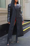 Casual Leather Patchwork Turndown Collar Long Sleeve Longline Trench Coats