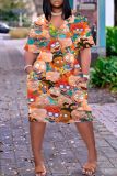 Casual Cartoon Print Basic V Neck Short Sleeve Vacation Loose Pockets Midi T-Shirt Dress