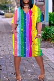 Casual Graphics Print Basic V Neck Short Sleeve Loose Pockets Midi T-Shirt Dress