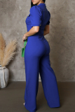 Formal Turndown Collar Long Sleeve Pocket Buckle Evening Party Office Lady Wide Leg Jumpsuits