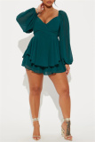 Casual Backless Belted V Neck Long Sleeve Cinch Waist Ruffle Hem A Line Mini Dresses