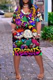 Casual Cartoon Print Basic V Neck Short Sleeve Vacation Loose Pockets Midi T-Shirt Dress