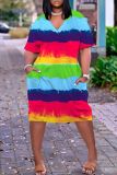 Casual Graphics Print Basic V Neck Short Sleeve Loose Pockets Midi T-Shirt Dress