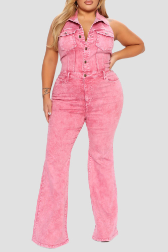 Street Turndown Collar Sleeveless Pocket Buckle Flare Leg Vacation Denim Halter Jumpsuits